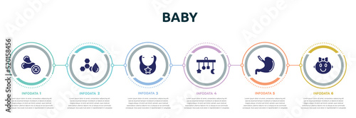 baby concept infographic design template. included allergenic, trans fat, bib, crib mobile, stoh, baby girl icons and 6 option or steps.