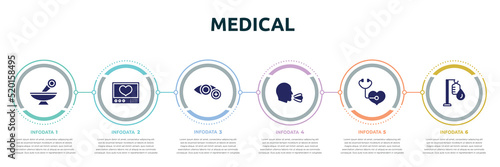 medical concept infographic design template. included alternative medicine, heart rate monitor, ophthalmology, sneeze, medical checkup, intravenous icons and 6 option or steps.