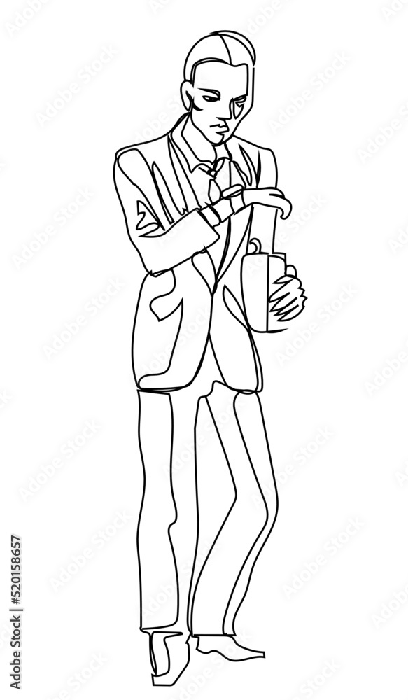 Businessman is looking at watches, line art Businessman is looking at watches, line art
