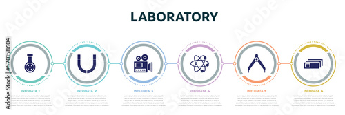 laboratory concept infographic design template. included chemical reaction, magnets, documentary, atoms, divider, microscope slides icons and 6 option or steps.