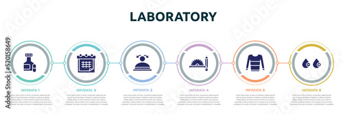 laboratory concept infographic design template. included pill jar, timetable, convex, drawing tools, sweatshirt, blood type icons and 6 option or steps.