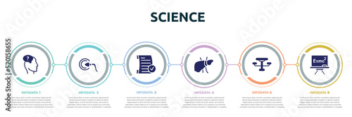 science concept infographic design template. included doubt, fertilization, passed, liver, outdoor table, relativity icons and 6 option or steps.