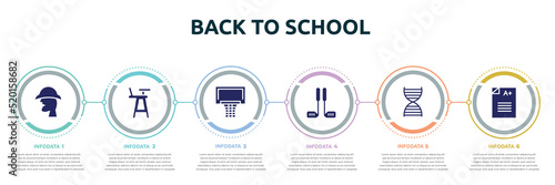 back to school concept infographic design template. included sherlock holmes, highchair, basketball equipment, golf equipment, dna structure, scores icons and 6 option or steps.