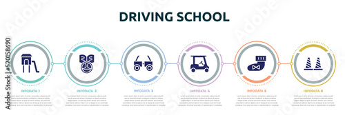driving school concept infographic design template. included children park, driving school, testing glasses, golf cart, booties, bollards icons and 6 option or steps.