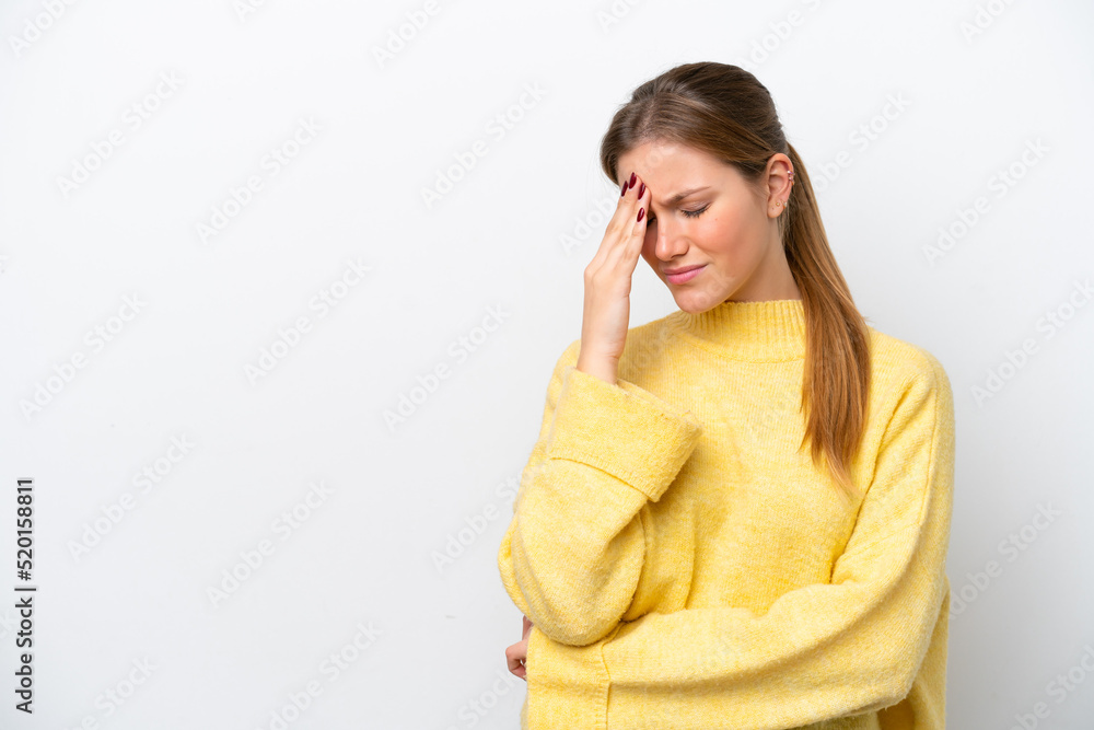 Young caucasian woman isolated on white background with headache Young caucasian woman isolated on white background with headache