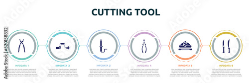 cutting tool concept infographic design template. included open pliers, brace, solder, nippers, torch helmet, knives icons and 6 option or steps.