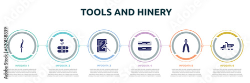 tools and hinery concept infographic design template. included kirpan, tubes hook, window cleaner, boards, big pliers, tipper truck icons and 6 option or steps.