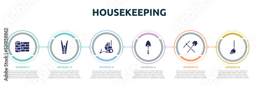 housekeeping concept infographic design template. included linoleum, clothespin, bulldozing, garden trowel, mine, mop icons and 6 option or steps.