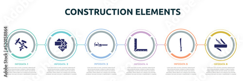 construction elements concept infographic design template. included construction tools, color pack, calipers, corner ruler, bread knife, jackknife icons and 6 option or steps.