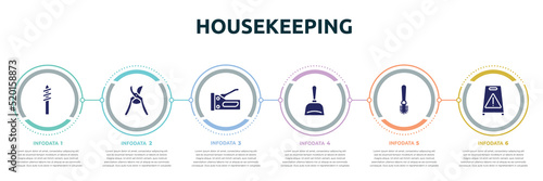 housekeeping concept infographic design template. included drill tip, pruning shears, big stapler, dustpan, toilet brush, wet floor icons and 6 option or steps.