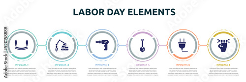 labor day elements concept infographic design template. included mezzaluna, trucking, perforator, long shovel, electrical plug, labor day icons and 6 option or steps.