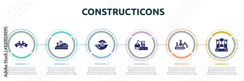 constructicons concept infographic design template. included flags crossed, wood brush tool, saw half cogwheel, derrick with boxes, construction excavator, derrick with box icons and 6 option or