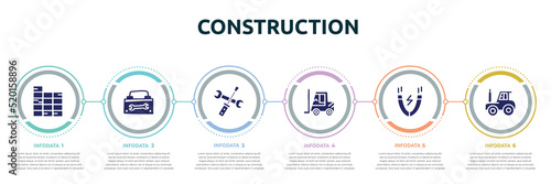 construction concept infographic design template. included constructing a brick wall, toolbox hand drawn tool, screwdriver and doble wrench, forklift tool, inc, tractor side view icons and 6 option