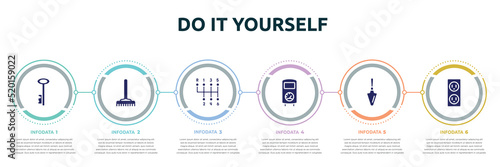 do it yourself concept infographic design template. included antique key, gardening rake, gear stick, boiler, garden palette, electric socket icons and 6 option or steps.
