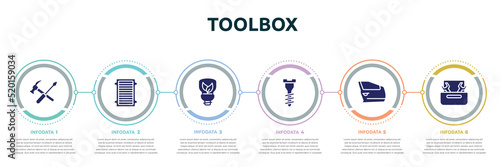 toolbox concept infographic design template. included repair tools cross, air filter, ecologic light bulb, garage screw, car door, nuts and bolts icons and 6 option or steps.