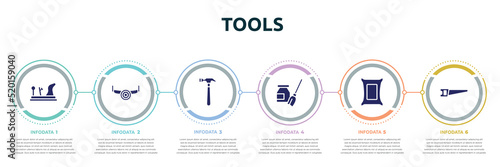 tools concept infographic design template. included wood plane, sawmill, hammering, turquoise, cement, hacksaw icons and 6 option or steps.