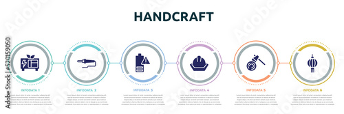 handcraft concept infographic design template. included green power, soldering, empty battery, head protection, woodcutter, paper lantern icons and 6 option or steps.