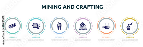mining and crafting concept infographic design template. included woods, varnish, jumpsuit, kiln, starter, crucible icons and 6 option or steps.