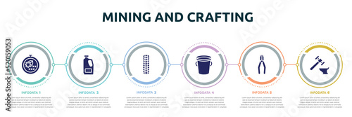 mining and crafting concept infographic design template. included cross stitch, detergent, tiremarks, water bucket, crimping pliers, blacksmith icons and 6 option or steps.