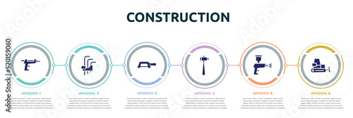 construction concept infographic design template. included glue gun, hex key, fretsaw, sledgehammer, spray paint gun, dozer icons and 6 option or steps.