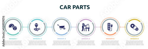 car parts concept infographic design template. included oil gauge, plumber, barrow, sculptor, extension cord, timing belt icons and 6 option or steps.