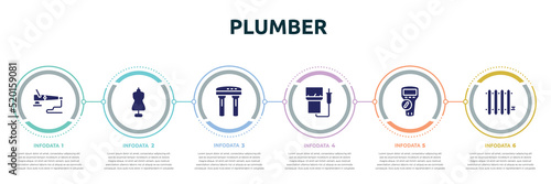 plumber concept infographic design template. included polisher, tailor, water filter, electric meter, multimeter, radiator icons and 6 option or steps.