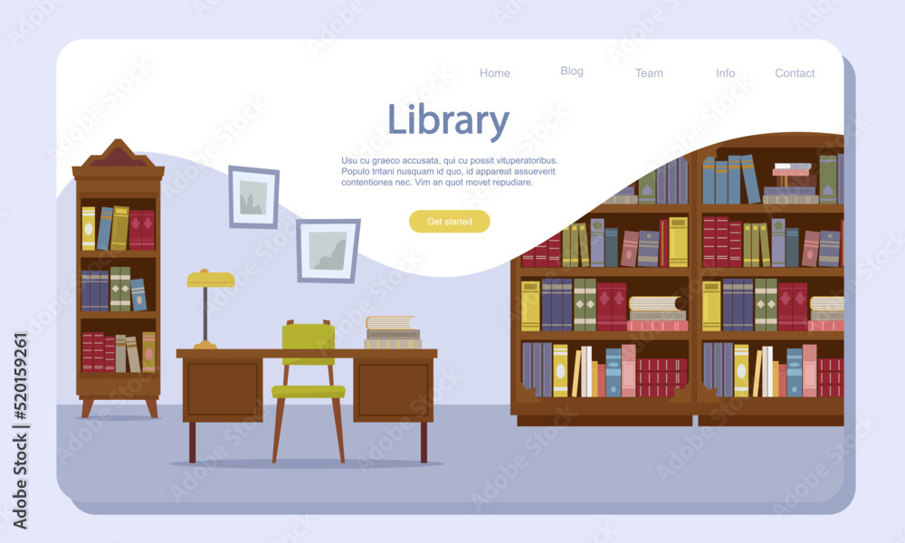 library landing. web design page with illustrations of book shelves with novels literature symbols. Vector template