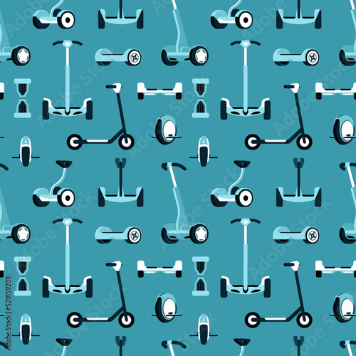 electric transport pattern. seamless background with city eco bicycles scooters and monowheels. Vector cartoon templates