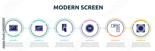 modern screen concept infographic design template. included touch screen, laptop frontal opened view, touch, ok button, keyboard key enter, button touch icons and 6 option or steps.