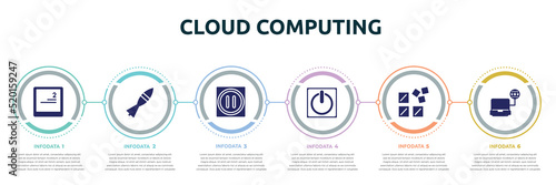 cloud computing concept infographic design template. included keyboard key with number 2, missile war weapon, pause, standby, power button, registry, computer connected to internet icons and 6