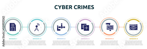 cyber crimes concept infographic design template. included floppy, cellular, , duplicate, on, stalking icons and 6 option or steps.