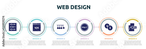 web design concept infographic design template. included tuning, error 404, newton cradle, http, investing, jpg icons and 6 option or steps.