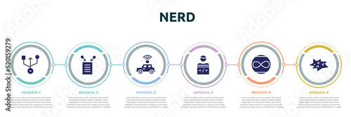 nerd concept infographic design template. included universal serial usb connector, data collection, self driving, programmer, unlimited, comic icons and 6 option or steps.