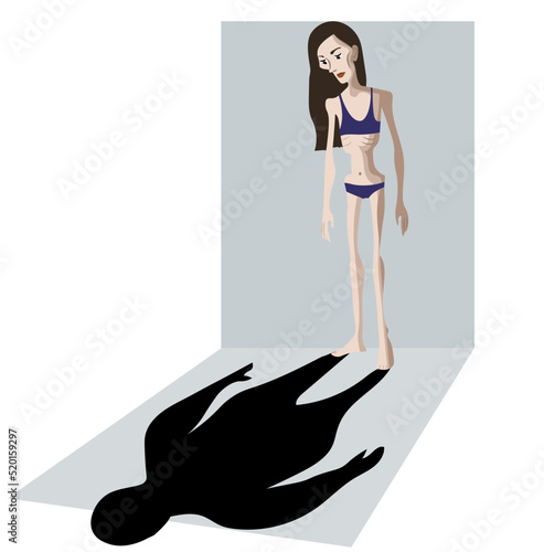 Woman suffers from anorexia. She is looking at her shadow and sees "fat" body.