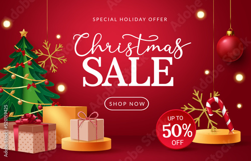 Christmas sale vector design. Christmas sale text with special holiday offer up to 50% off with christmas tree, gift and snow flakes element for holiday season promo discount. Vector illustration.
