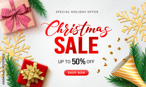 Christmas sale vector design. Christmas sale text with special offer up to 50% off discount with xmas elements for holiday season promo ads. Vector illustration.
