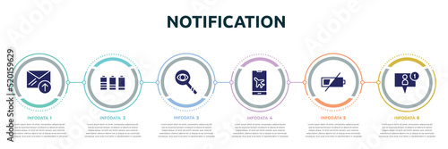 notification concept infographic design template. included outgoing, battery level, observation, airplane mode, low battery, friend request icons and 6 option or steps.