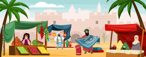 oriental marketplace. asian or arabian bazaar with authentic seller. People selling silk decorative carpets spices and food. Vector cartoon background