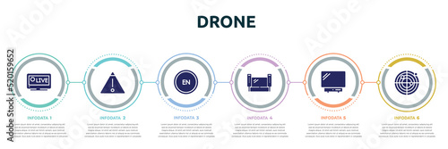 drone concept infographic design template. included live sports, warning, english language, home theater, , radar icons and 6 option or steps.