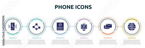 phone icons concept infographic design template. included smartphone ringing, social normal, intercom, televisions, letters, worlwide transmission icons and 6 option or steps. photo