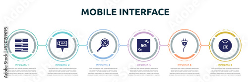 mobile interface concept infographic design template. included servers, video call, not found, 5g, cord, lte icons and 6 option or steps.