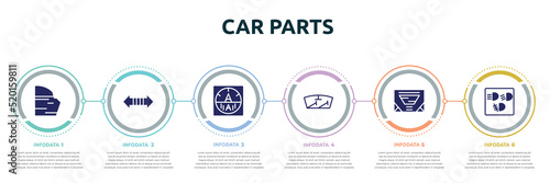 car parts concept infographic design template. included car trim, car indicator, ammeter, windscreen, sunroof or sunshine roof, dashboard icons and 6 option or steps.