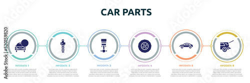 car parts concept infographic design template. included car lock, car coil, piston, clutch, hard top, taiate icons and 6 option or steps.