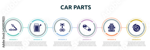 car parts concept infographic design template. included car seat belt or safety belt, car petrol tank, connecting rod, camshaft, bucket seat, disc brake icons and 6 option or steps.