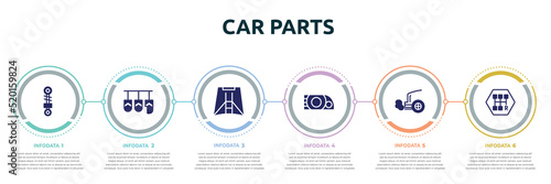 car parts concept infographic design template. included car suspension, car pedal, hood, headlight, exhaust, gearbox icons and 6 option or steps.