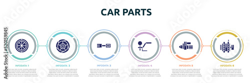 car parts concept infographic design template. included car spare wheel, car tyre, petrol cap, towbar, starter, alternator icons and 6 option or steps.