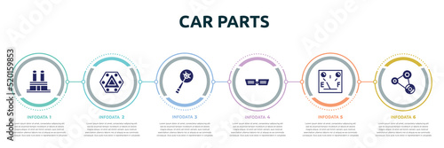 car parts concept infographic design template. included car distributor cap, car hazard lights, crank, grille or radiator grille, petrol gauge, fan belt icons and 6 option or steps.