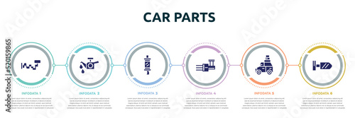 car parts concept infographic design template. included car crankshaft, car oil pump, silencer, distributor, luggage rack, wing mirror icons and 6 option or steps.