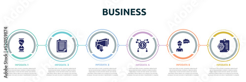 business concept infographic design template. included sand clock, explanation, devaluation, spreading, apology, permission icons and 6 option or steps.