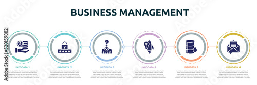 business management concept infographic design template. included stack, pin code, anonymity, start up, oil barrel, email marketing icons and 6 option or steps.